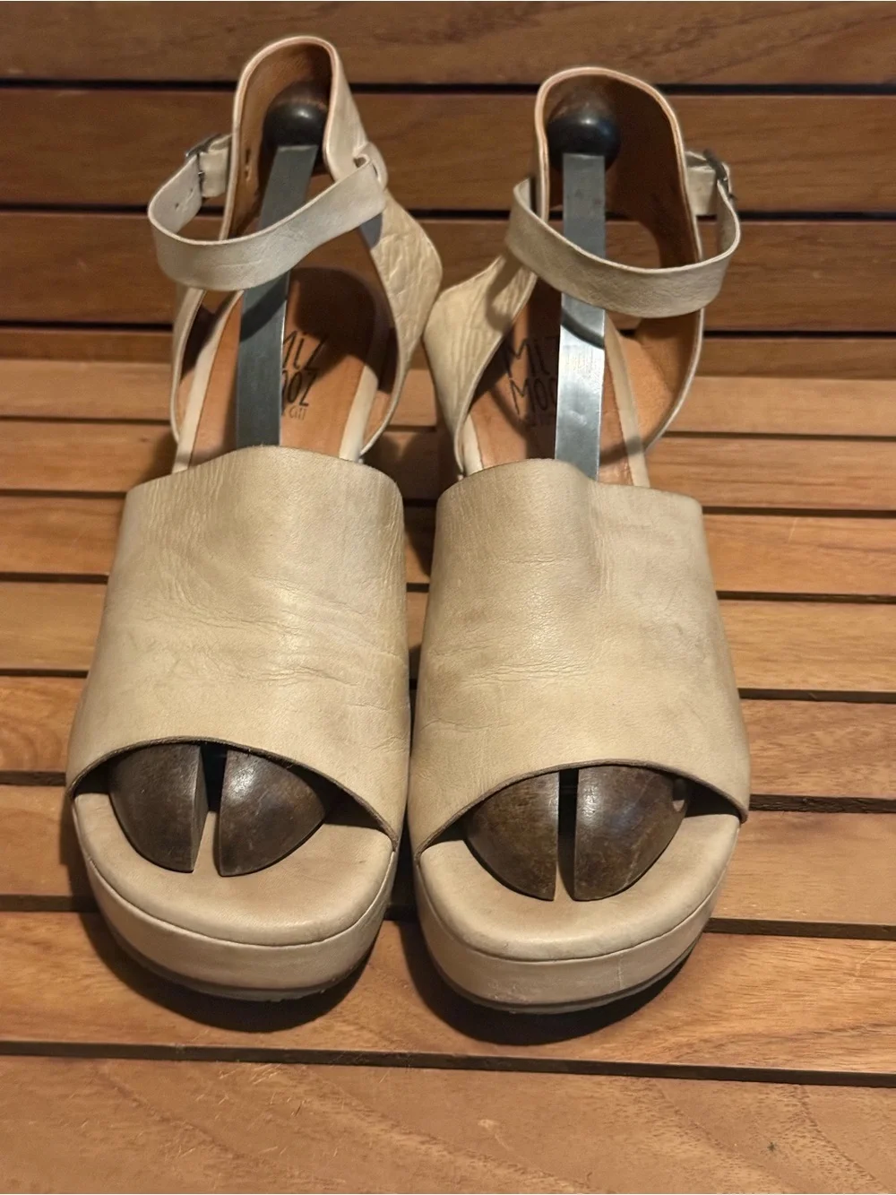 Miz Mooz Gia Cream Leather Ankle-Strap Block Heel Sandals